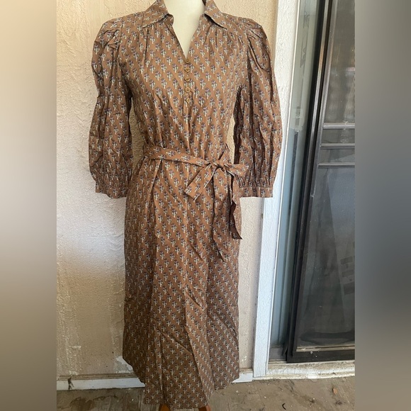 JODIFL Dresses & Skirts - JODIFL Brown Printed Midi Dress with Tie Waist